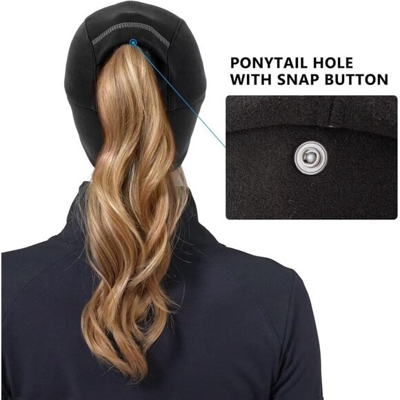 〽️Women\'s Black Winter Reflective Fleece Ponytail Hat with Ear Warmers main image 4